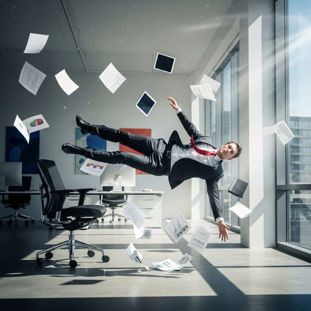 AI satire illustration: Steelcase SmartChair Ejects Users Through Drywall When Monthly Subscription Payment Fails
