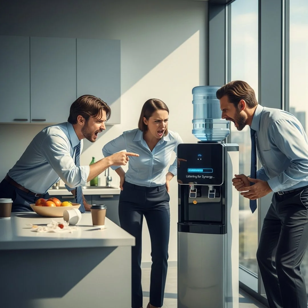 AI satire illustration: Google Installs AI Water Coolers That Only Dispense Liquid After Detecting 90 Seconds of High-Energy Brainstorming