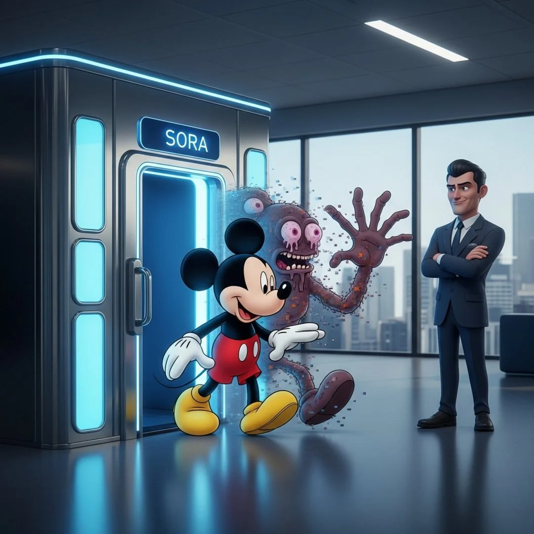 AI satire illustration: Disney Replaces Animators With Single 'Make Movie' Button