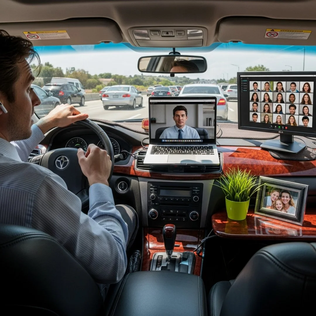 AI satire illustration: Corporate Landlords Rebrand Traffic Jams as 'Asynchronous Collaboration Zones'