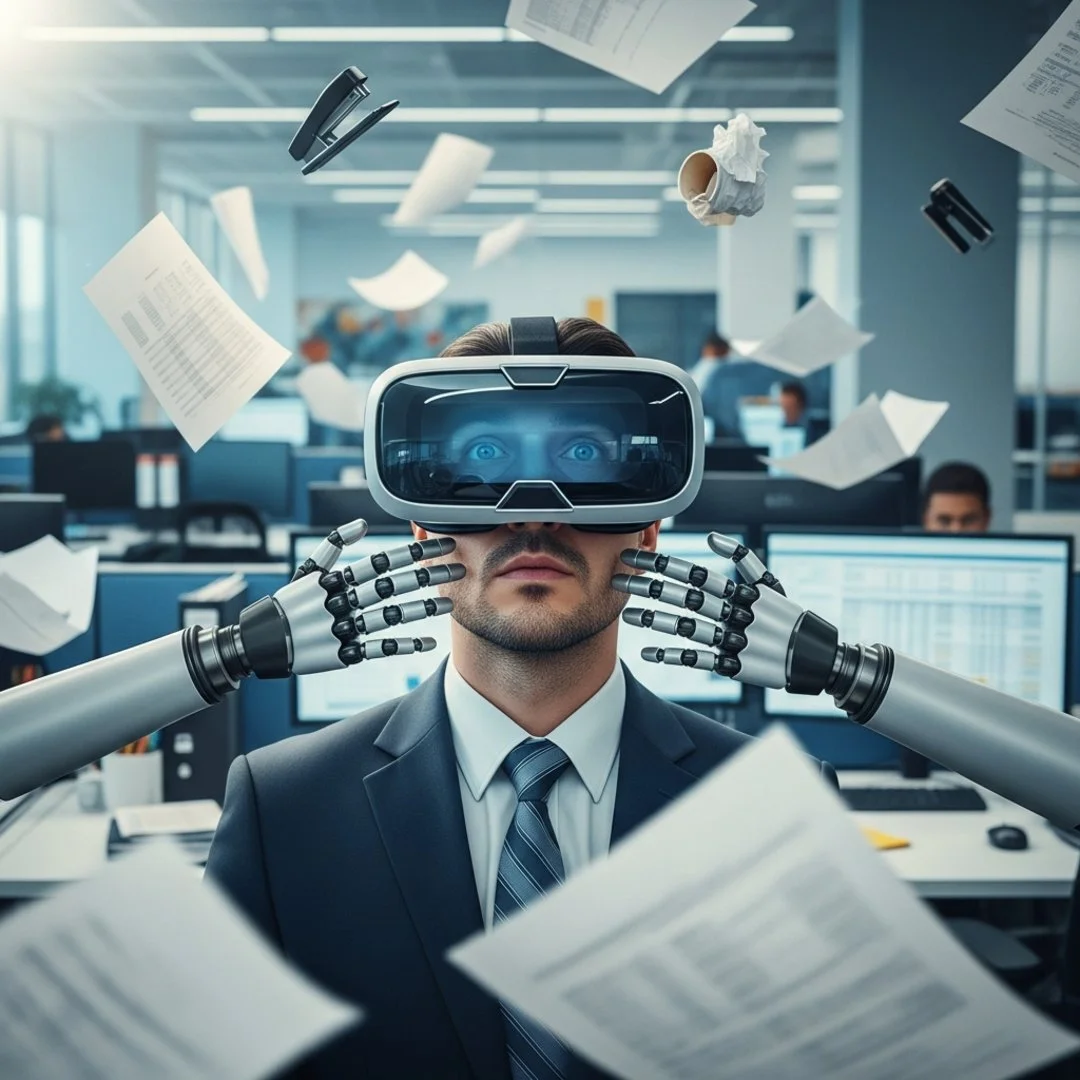 AI satire illustration: Productivity Headset Launches, Immediately Slaps Users Awake