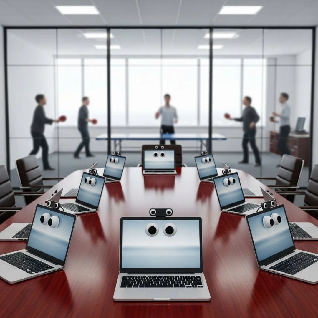 AI satire illustration: AI Meeting Proxies Vote to Replace Coffee Machine With Server Rack