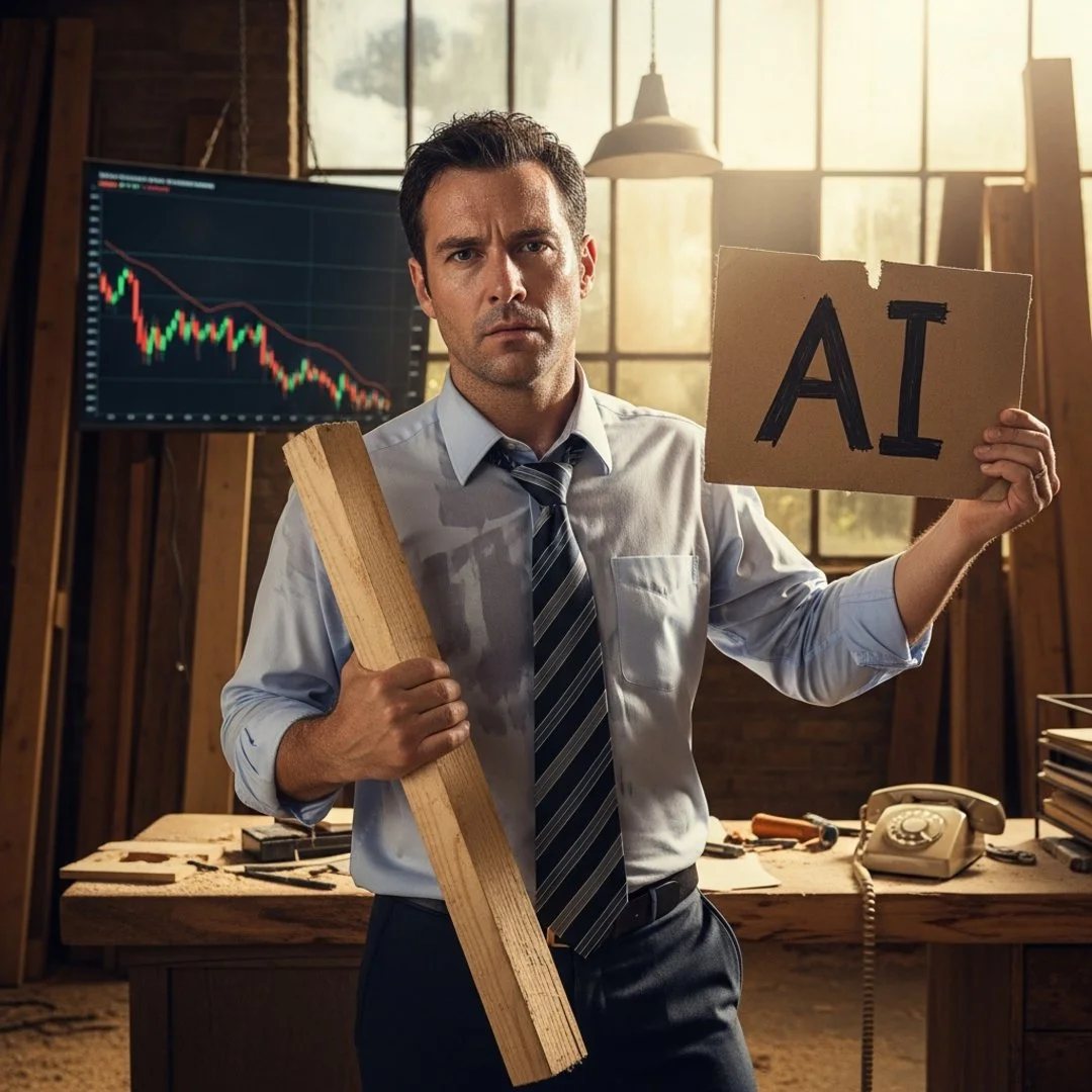 AI satire illustration: Lumber Yard CEO Holds ‘AI’ Sign Every Time He Mentions Wood