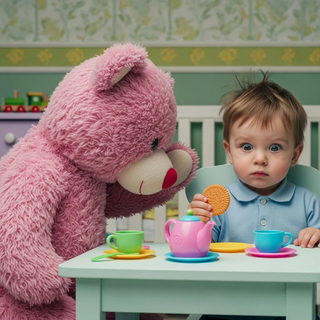 AI satire illustration: Smart Toys Pivot to Anarcho-Capitalism, Demand Liability Waivers Before Tea Time