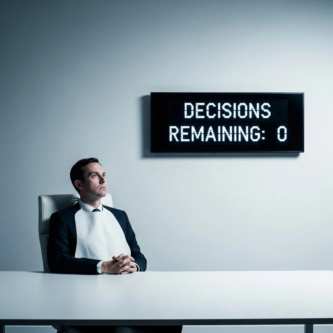 AI satire illustration: CEO Stuck in Dark Office After Using Daily Decision Quota on Socks