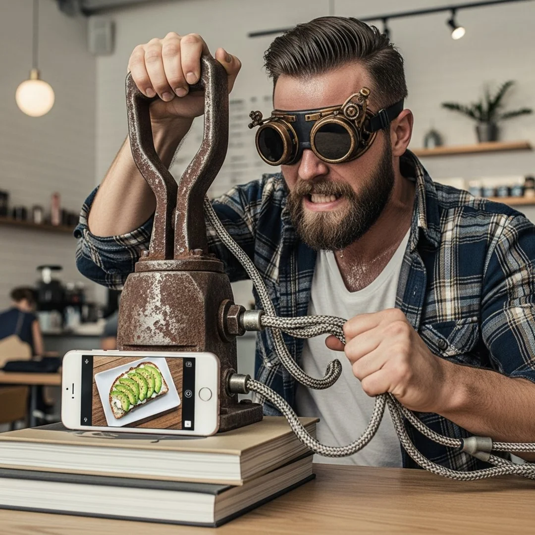 AI satire illustration: Retro App Rebrands Basic Scrolling As 'Quantum Time Travel'