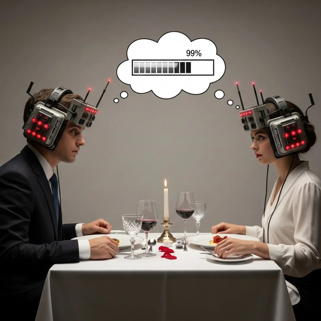 AI satire illustration: Google Headphones Now Translate Silence Into Relationship Anxiety