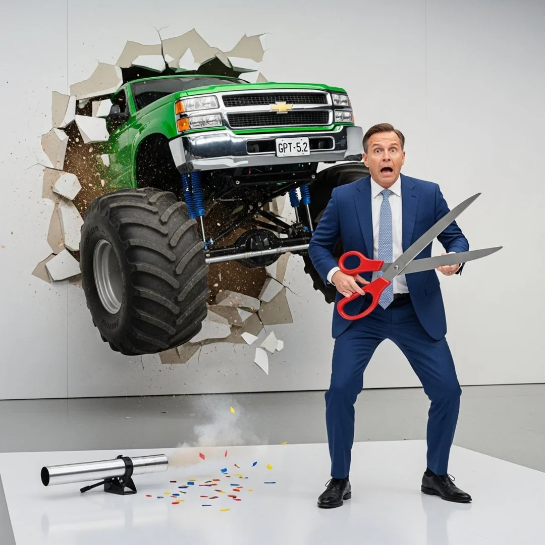 AI satire illustration: Google's 'Deep Research' Launch Crushed By OpenAI Monster Truck Rally