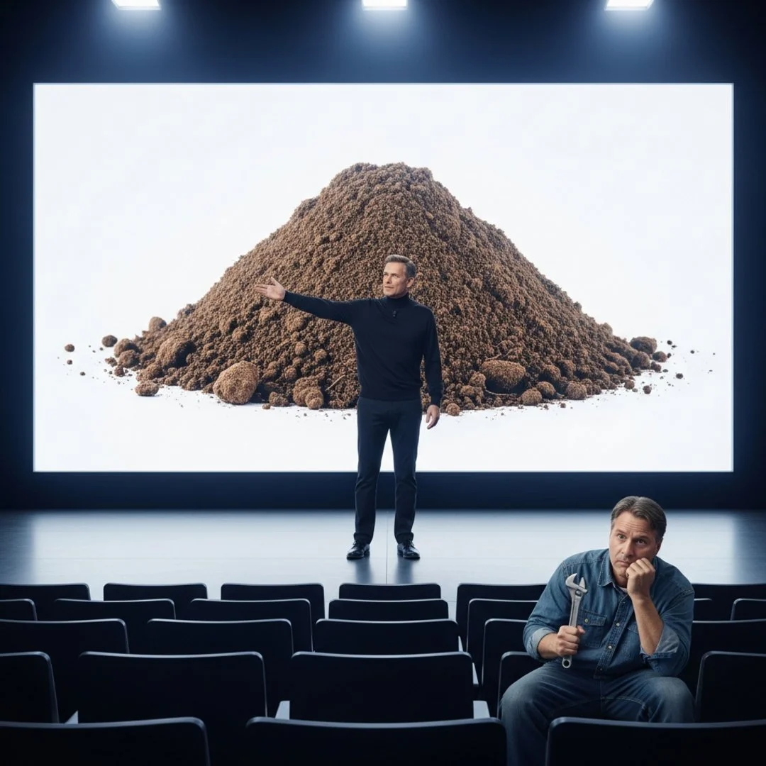 AI satire illustration: Disgraced Crypto Founders Disrupt Mud with ‘AI-Powered Gravel as a Service’