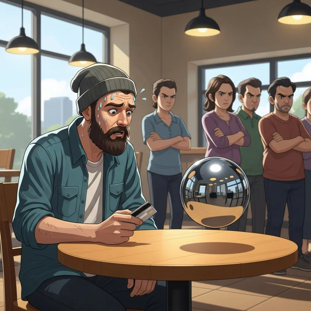 AI satire illustration: World App Launches 'Super App' Requiring Retina Scan to Send Emoji