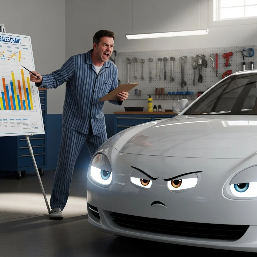 AI satire illustration: Your Sedan Needs a Side Hustle: Zevo Turns Garages into Sweatshops