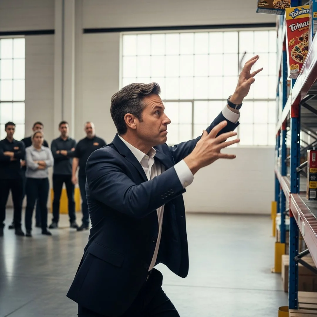 AI satire illustration: Amazon Discovers Physical Shelves Requiring Customers To Perform Manual Labor