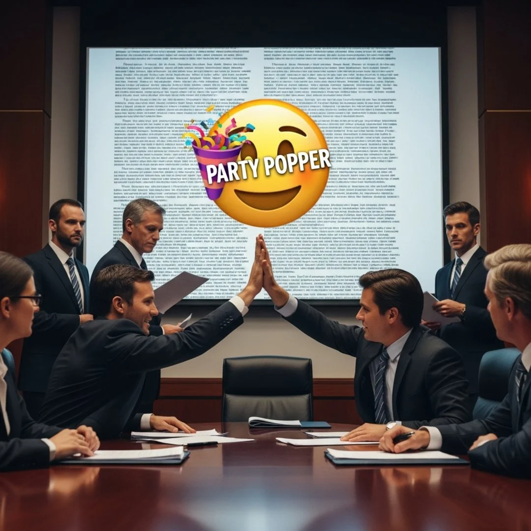 AI satire illustration: Google Workspace Mandates Emoji Replies Turning Legal Contracts Into Pictograms