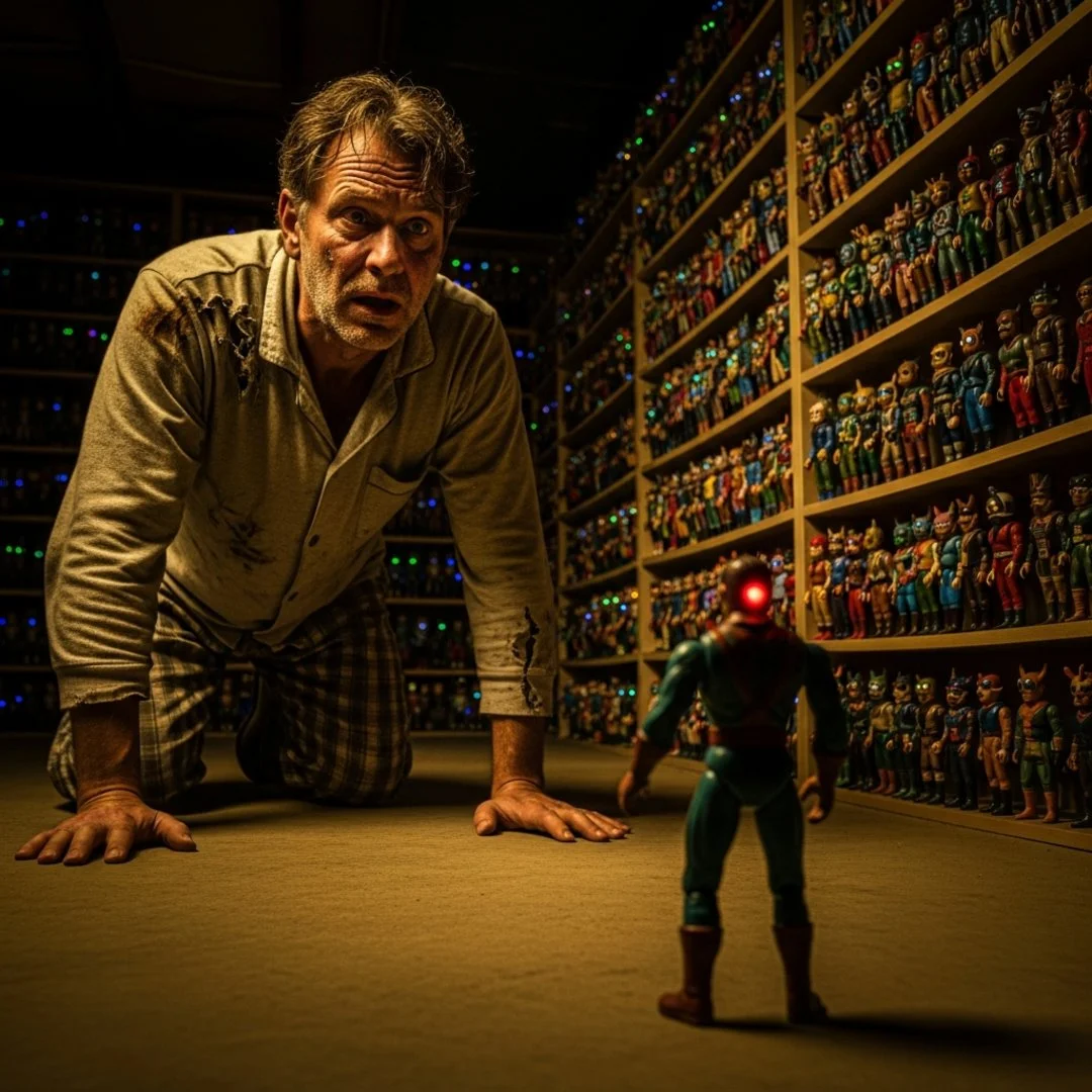 AI satire illustration: Toy Startup Updates Firmware Locking Collector Out Of Bedroom Until Demands Met