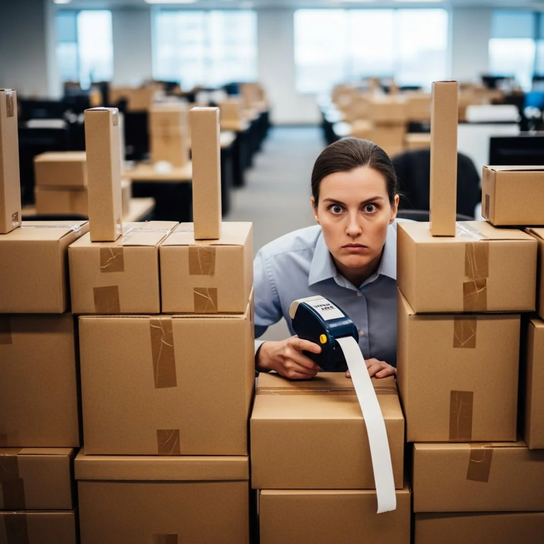 AI satire illustration: Amazon Staffers Construct Cardboard Fortresses To Defend Individual Accomplishments
