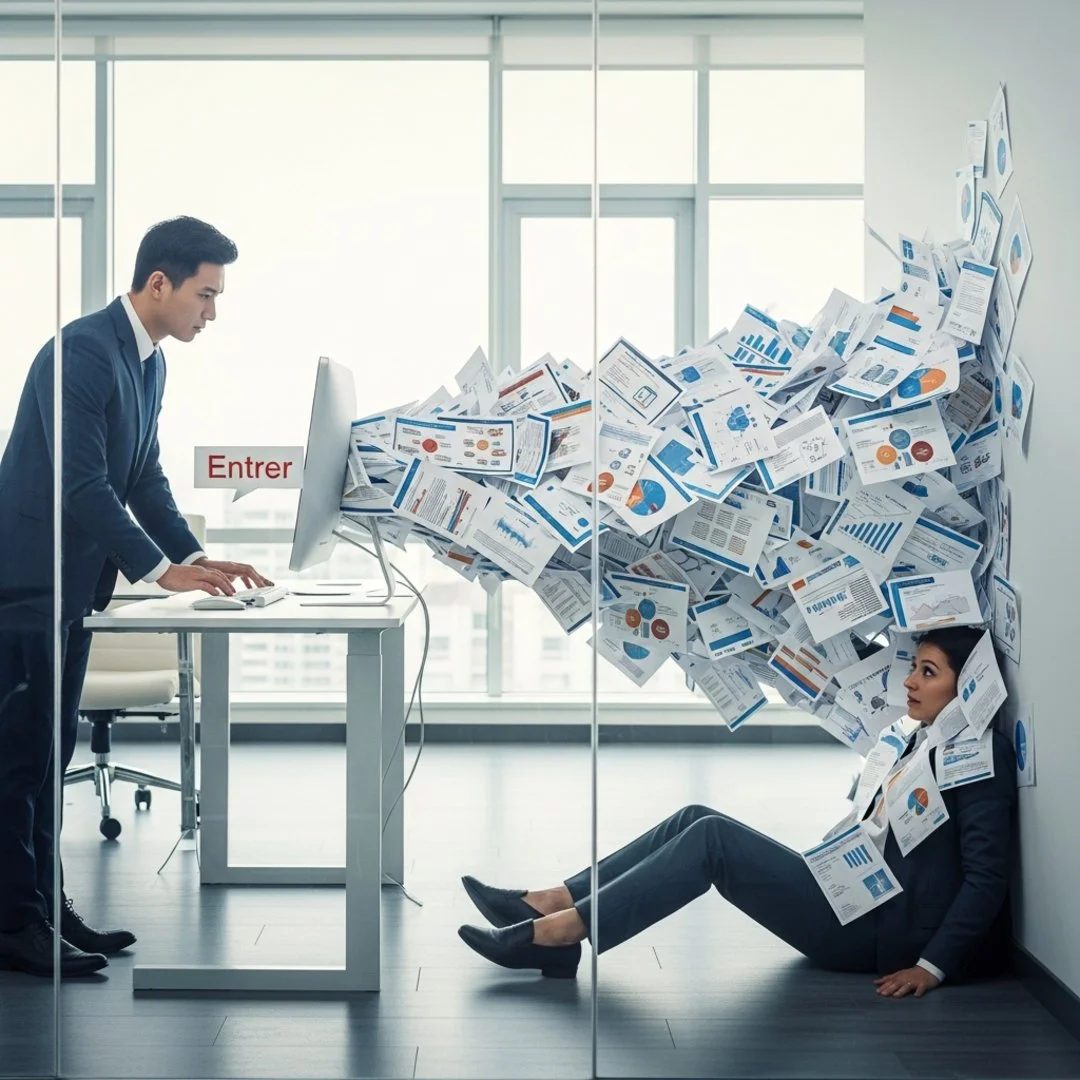 AI satire illustration: McKinsey AI Saves 1.5 Million Hours By Generating 8,000-Slide Decks Instantly