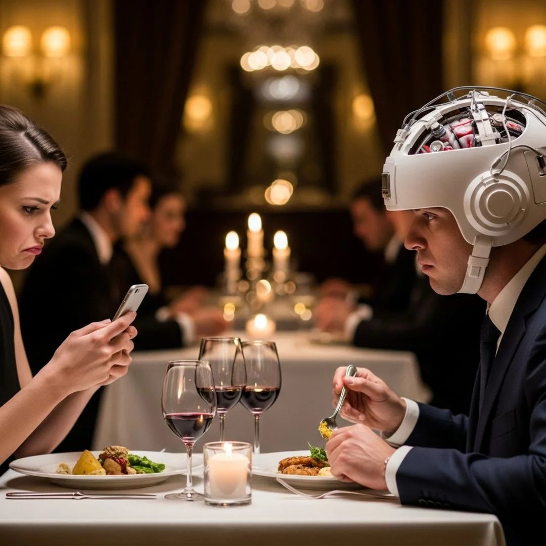 AI satire illustration: First Date Ends Abruptly After Brain-Scanning Helmet Reveals Man Thinking About Minecraft