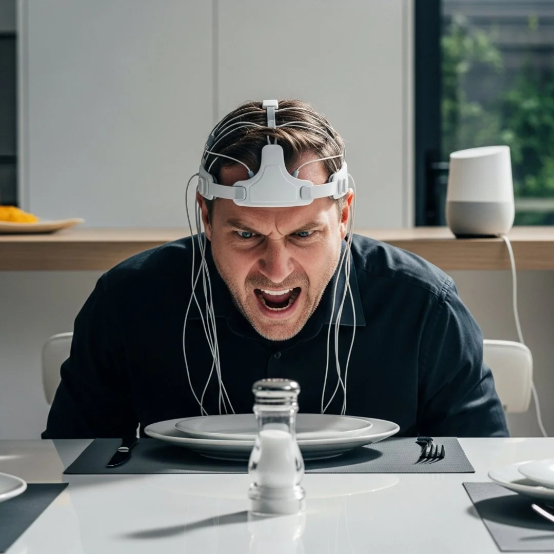 AI satire illustration: Dad Accidentally Broadcasts Hatred Of Meatloaf To Smart Speaker Via Brain Headset