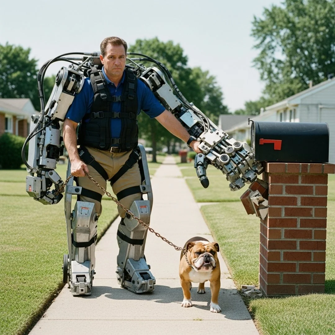 AI satire illustration: Suburban Dad Uses Industrial Exoskeleton To Walk Dog, Crushes Mailbox