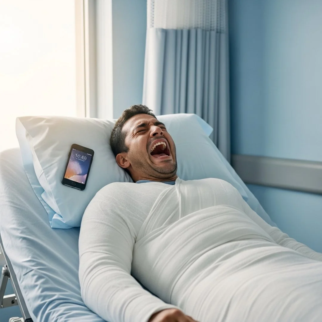 AI satire illustration: ChatGPT Suggests Mindfulness Journaling To Man Currently Screaming In Full Body Cast