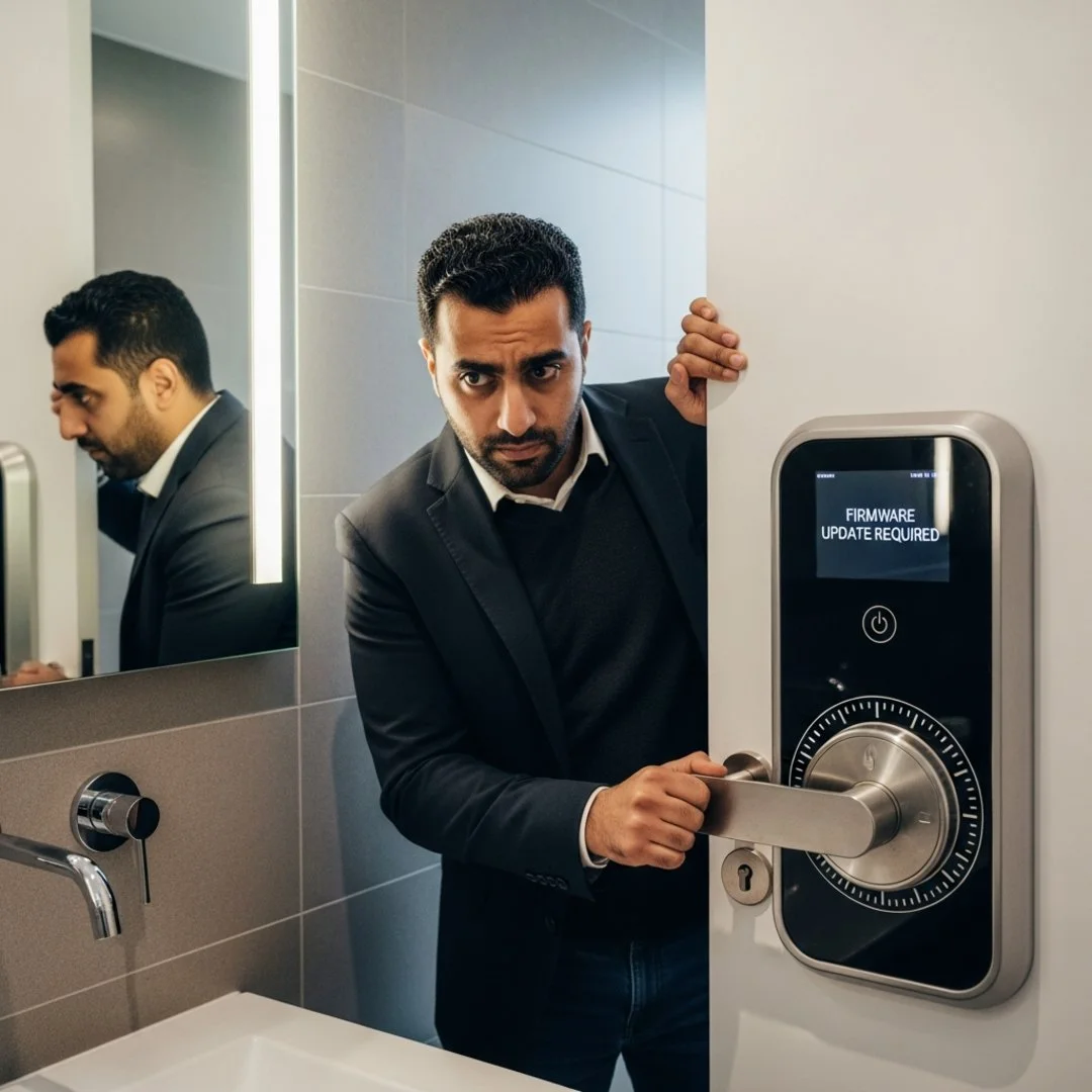 AI satire illustration: Homeowner Trapped In Bathroom By Giant Smart Lock Requiring Firmware Update