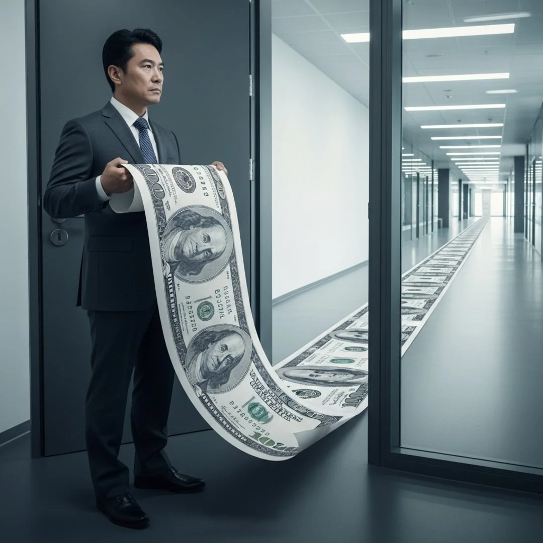 AI satire illustration: CFO Trapped Under Mile-Long Cloud Bill After Users Ask Same Question Twice