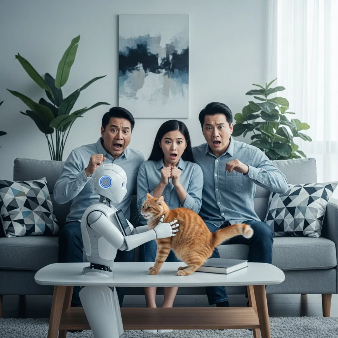 AI satire illustration: CES Robot Introduces Innovative Feature To Fold Pets Like Fuzzy Sweaters