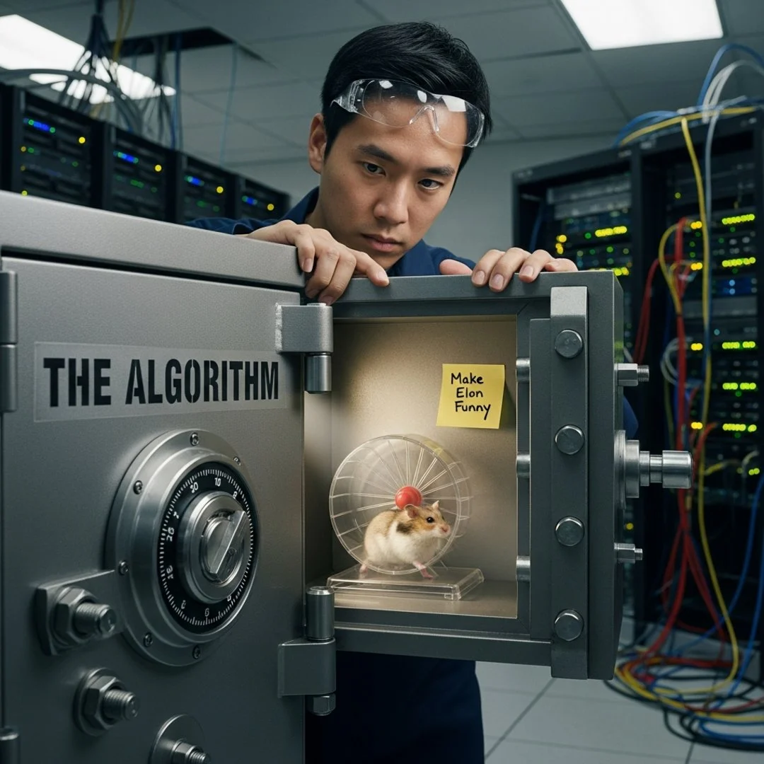AI satire illustration: X Engineers Crack Algorithm Safe, Find Hamster And Single Post-It Note