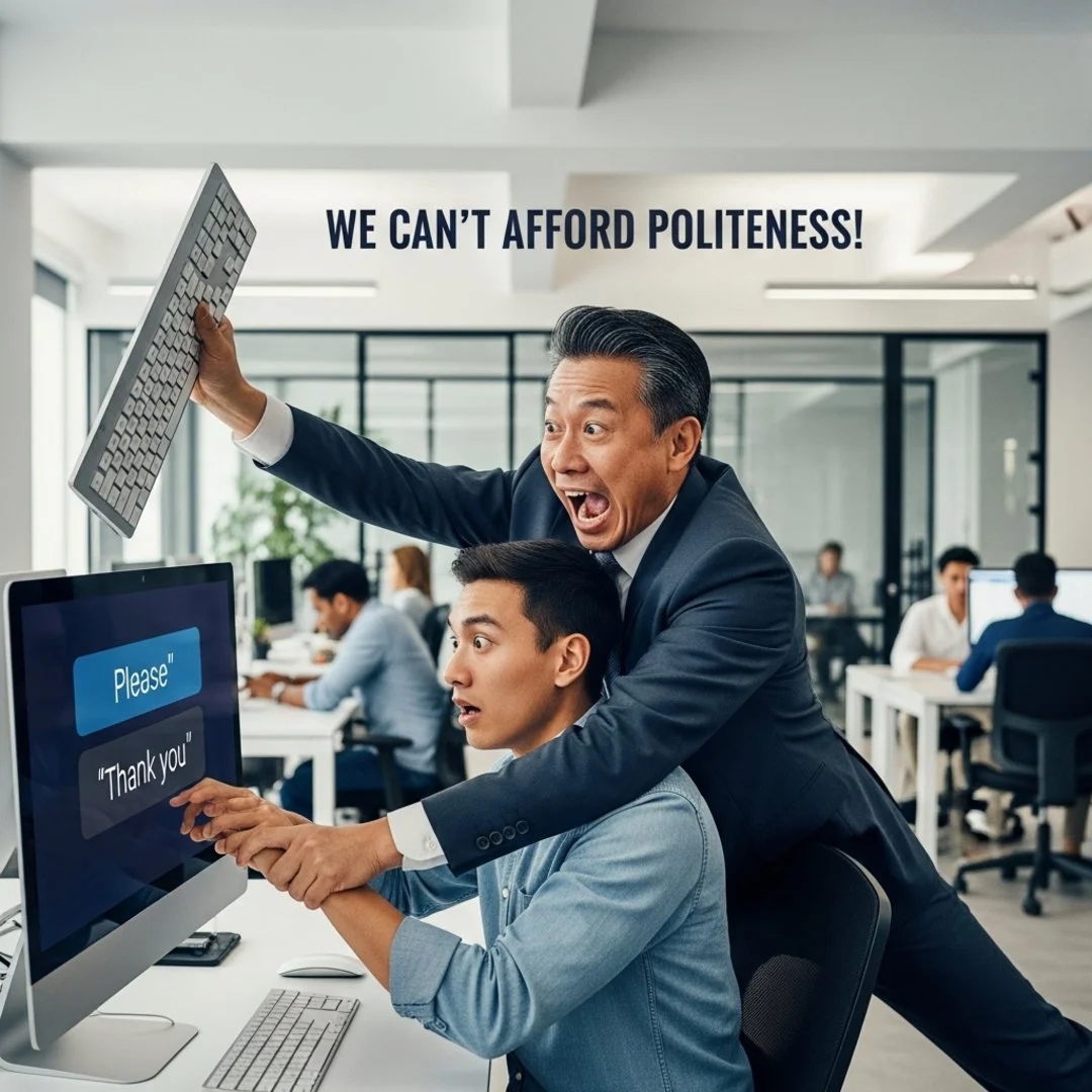 AI satire illustration: Tech Startup CFO Bans 'Please' And 'Thank You' To Prevent Bankruptcy