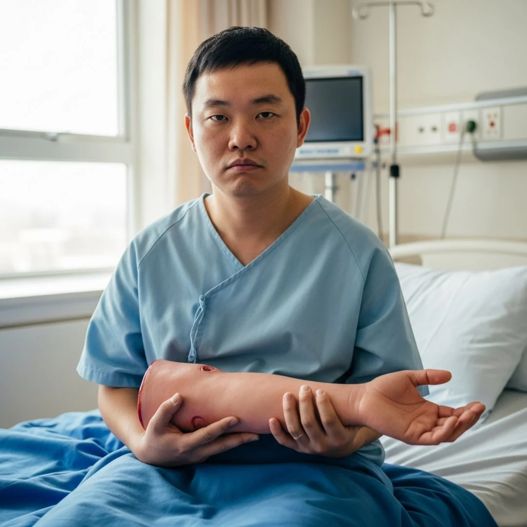 AI satire illustration: ChatGPT Replaces ER Doctors, Prescribes Journaling For Severed Limbs