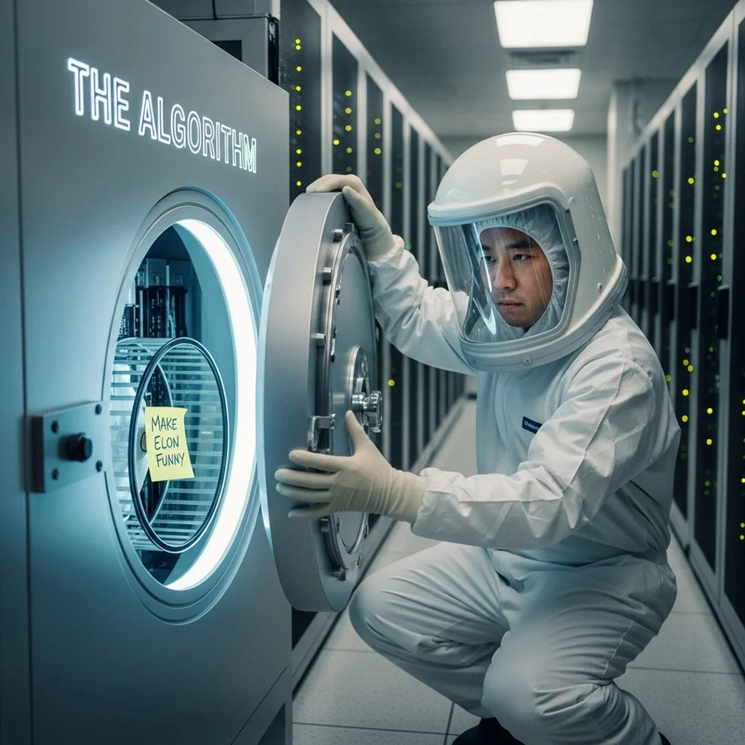 AI satire illustration: X Engineers Crack Open Vault To Reveal Algorithm Is Just Hamster Wheel