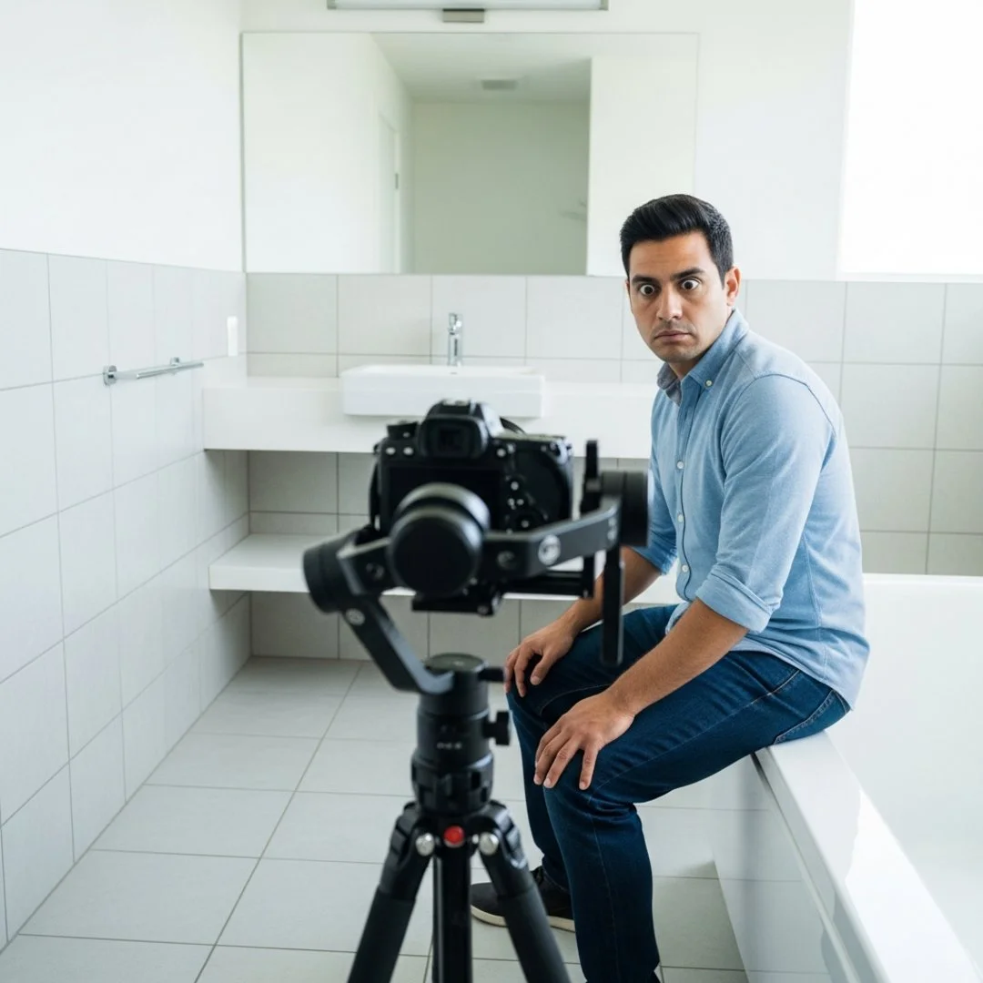 AI satire illustration: New Gimbal Features 'Anxious Attachment' Mode That Follows Users Into Bathroom