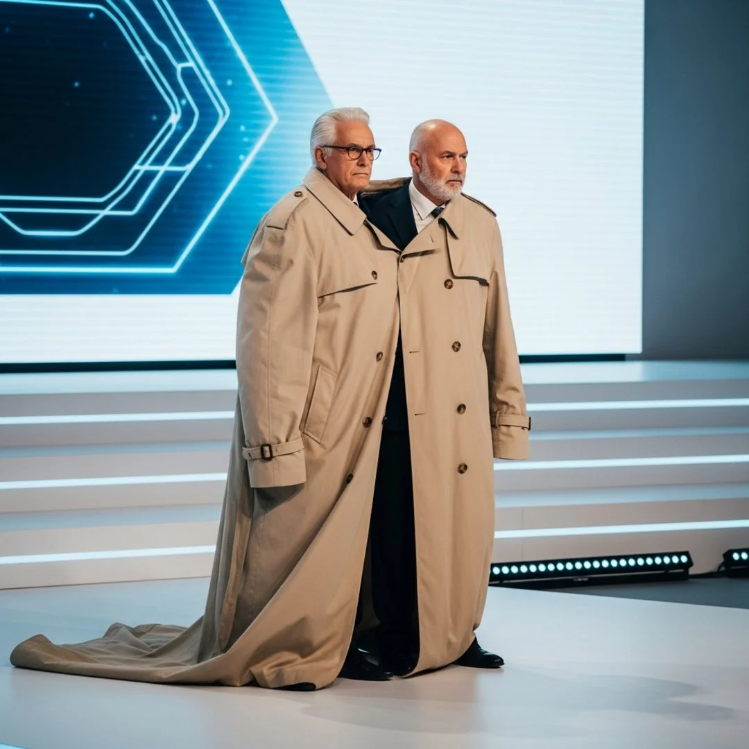 AI satire illustration: Apple Reveals Siri Upgrade Is Just Tim Cook And Sundar Pichai In A Trench Coat