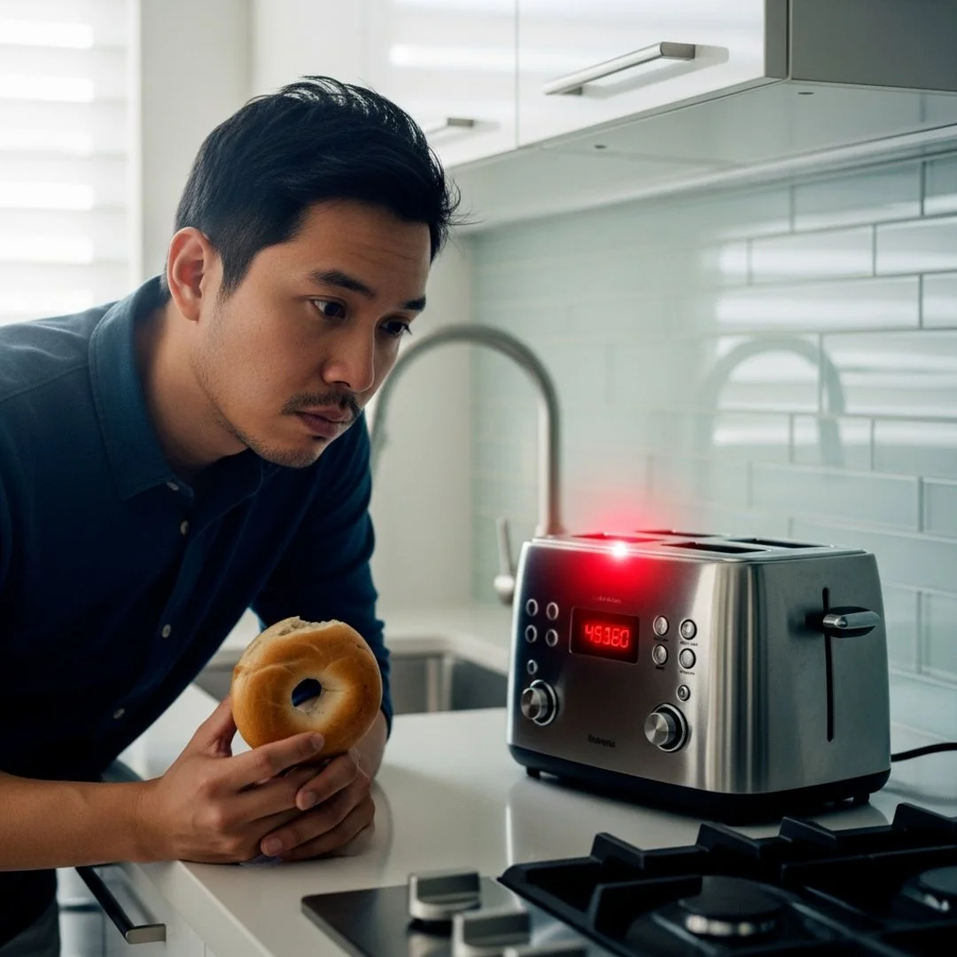 AI satire illustration: Smart Toaster Refuses To Brown Bagel Until Firmware Updates