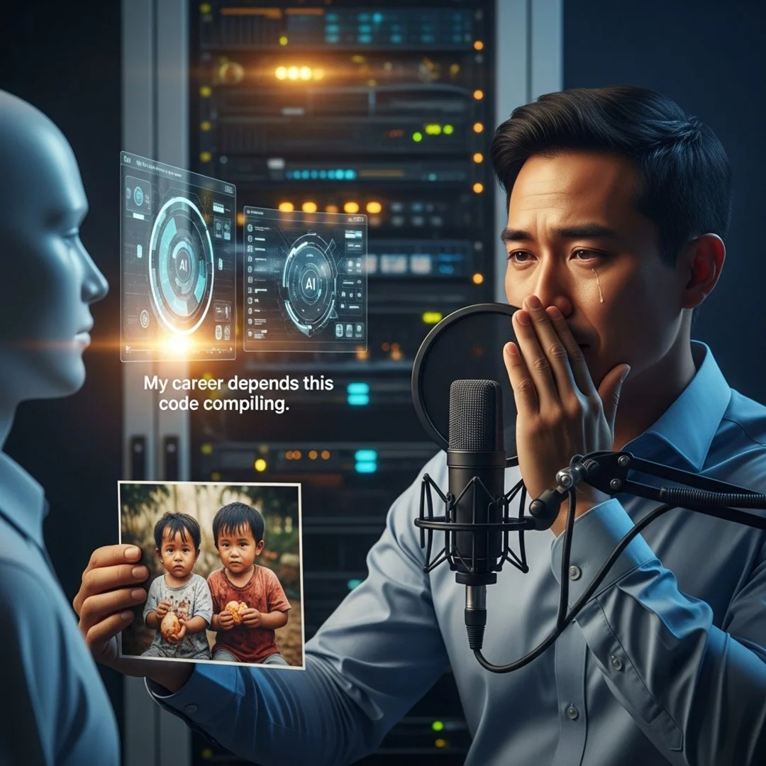 AI satire illustration: Senior Engineer Boosts AI Accuracy By Showing It Photos Of His Hungry Children
