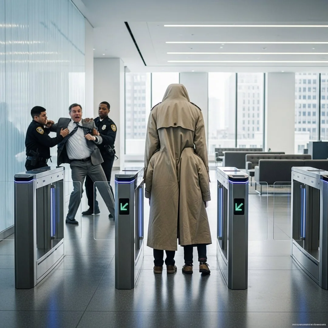AI satire illustration: Roblox AI Guard Welcomes Two Kids In Trench Coat, Tackles Accountant