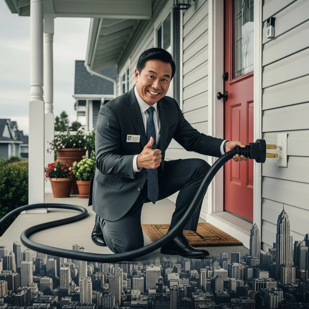 AI satire illustration: Microsoft Keeps Energy Costs Low By Plugging Data Center Into Neighbor’s Porch