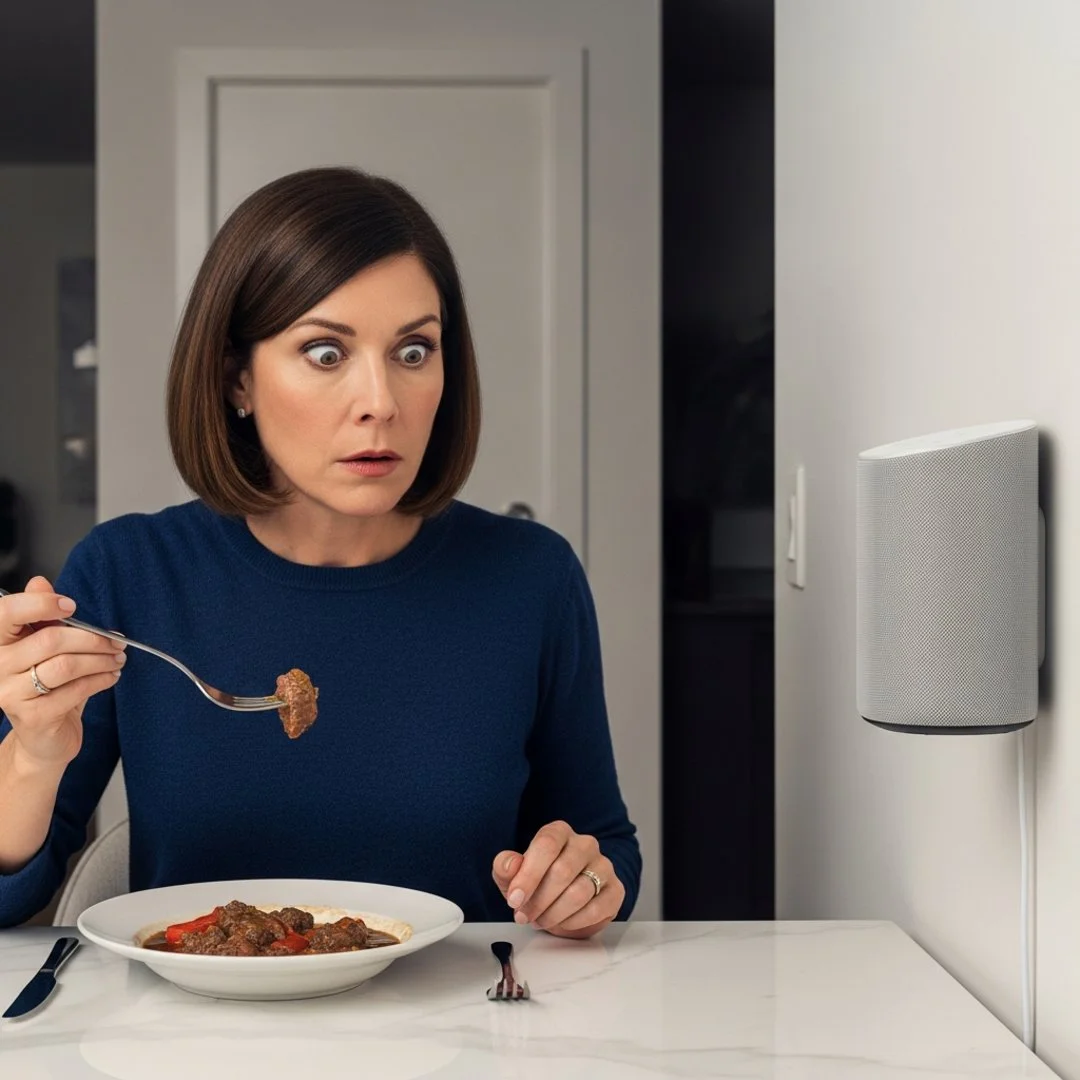 AI satire illustration: Ring Camera Interrupts Family Dinner To Compliment Delivery Driver’s Excellent Posture