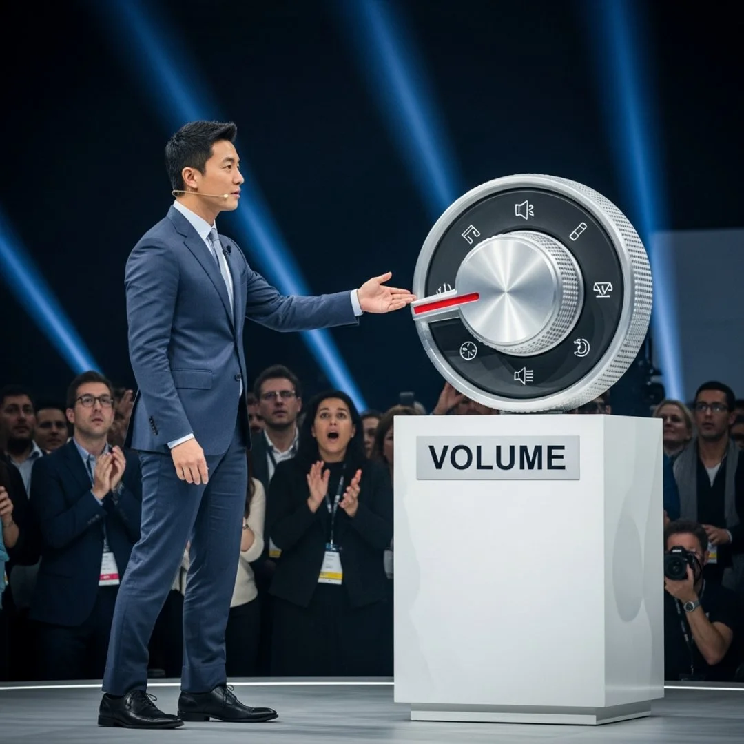 AI satire illustration: Auto Giant Debuts Revolutionary 'Analog Click Technology' To Thunderous Applause