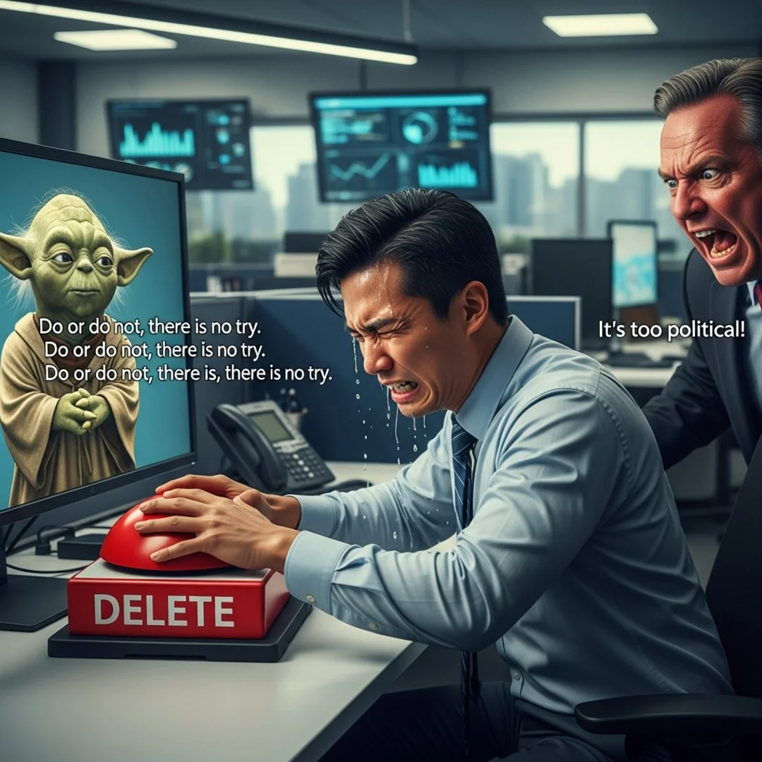 AI satire illustration: Disney Panic-Deletes Thread After Realizing Star Wars Quotes Are 'Too Political'