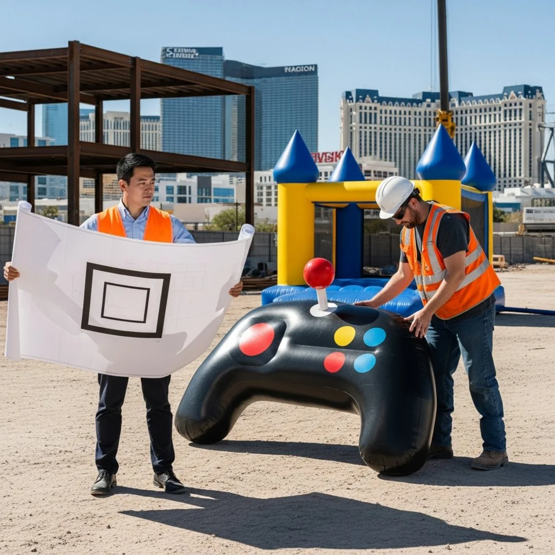 AI satire illustration: Atari Scraps Vegas Hotel Plans to Focus on Low-Resolution Desert Experience