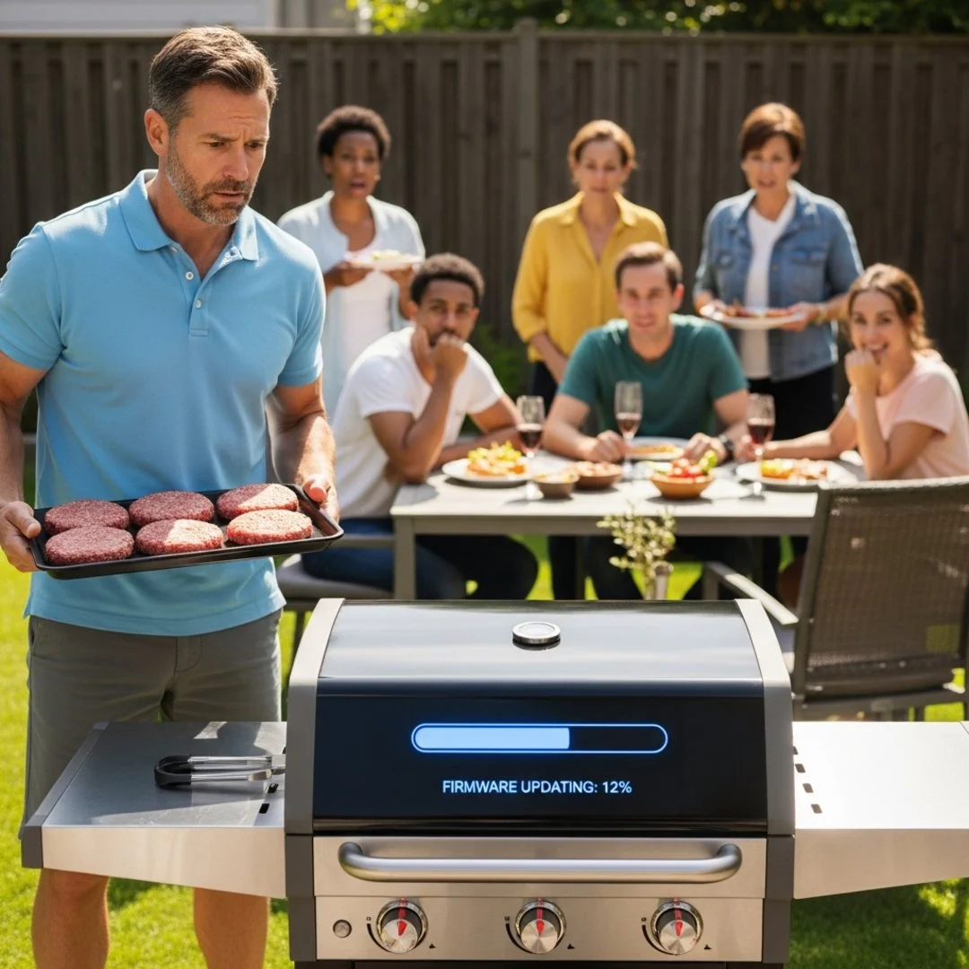 AI satire illustration: Dad Starves Family While Charcoal Grill Installs Mandatory Firmware Update