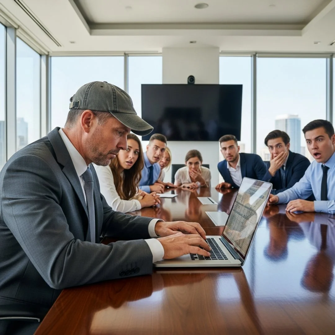 AI satire illustration: CFO Puts On Backwards Hat To 'Vibe Code' Quarterly Budget Spreadsheet