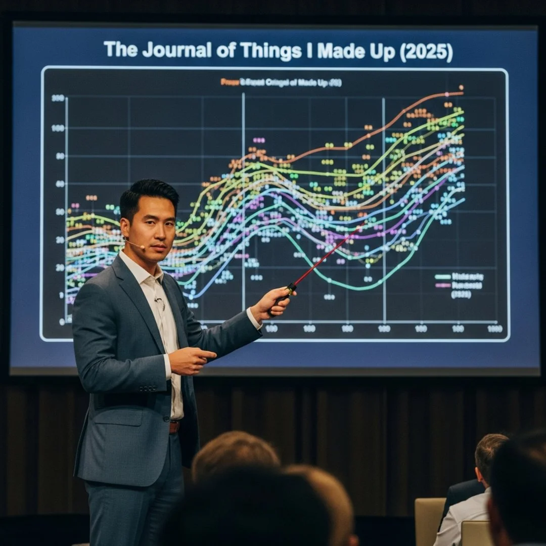 AI satire illustration: Scientists Nod Sagely As Keynote Speaker Cites 'Journal Of Stuff I Made Up'