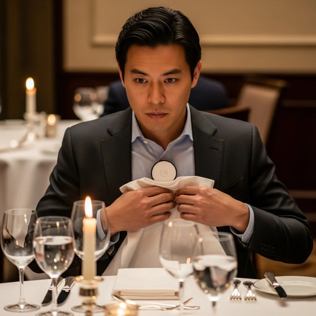 AI satire illustration: Apple Launches Wearable Pin That Loudly Corrects Your Stories At Dinner