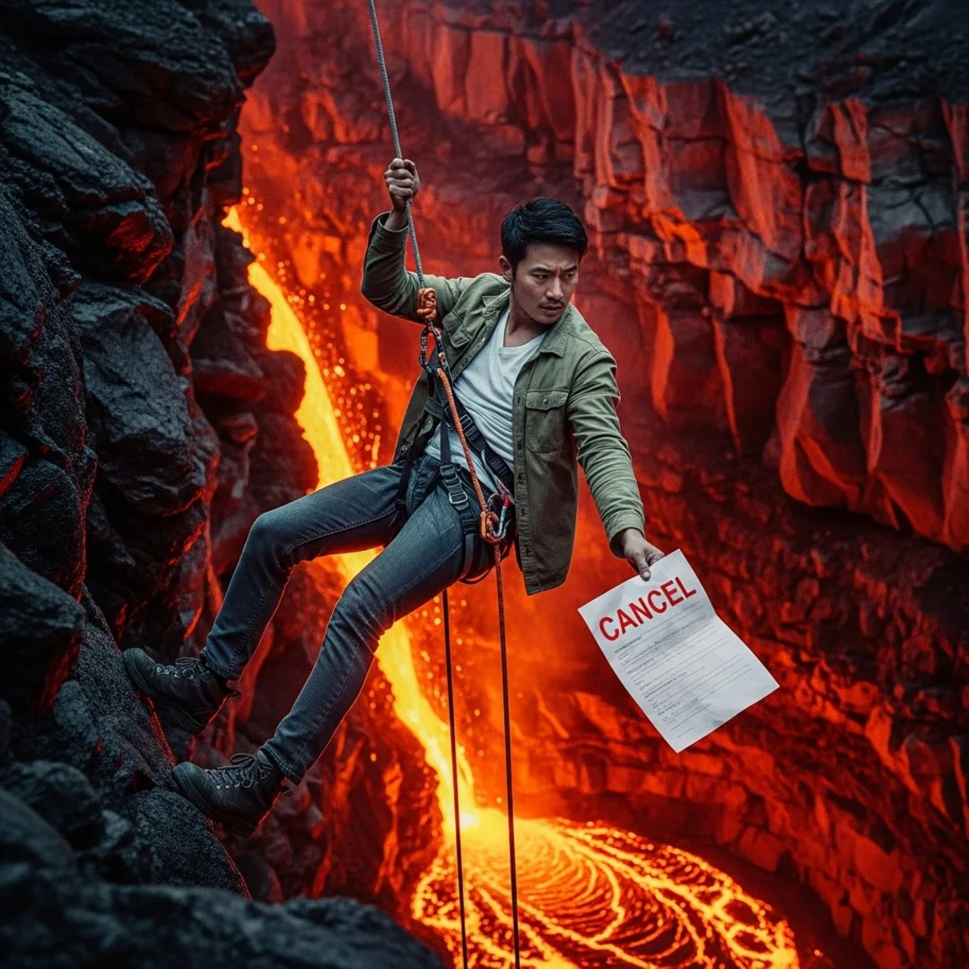 AI satire illustration: Software Company Hides Cancel Button Inside Active Volcano To Boost Retention