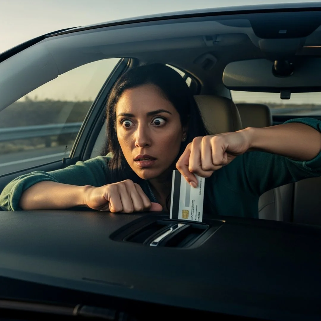 AI satire illustration: Tesla Drivers Must Now Swipe Credit Card While Drifting To Re-Activate Lane Assist