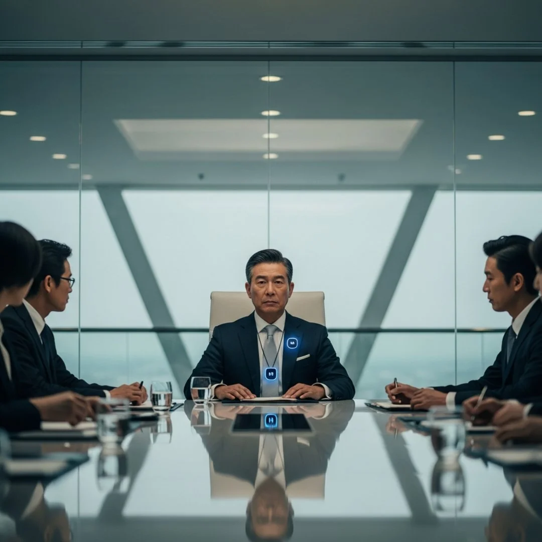AI satire illustration: Executives Sit In Total Silence Waiting For AI Pendants To Generate Profits