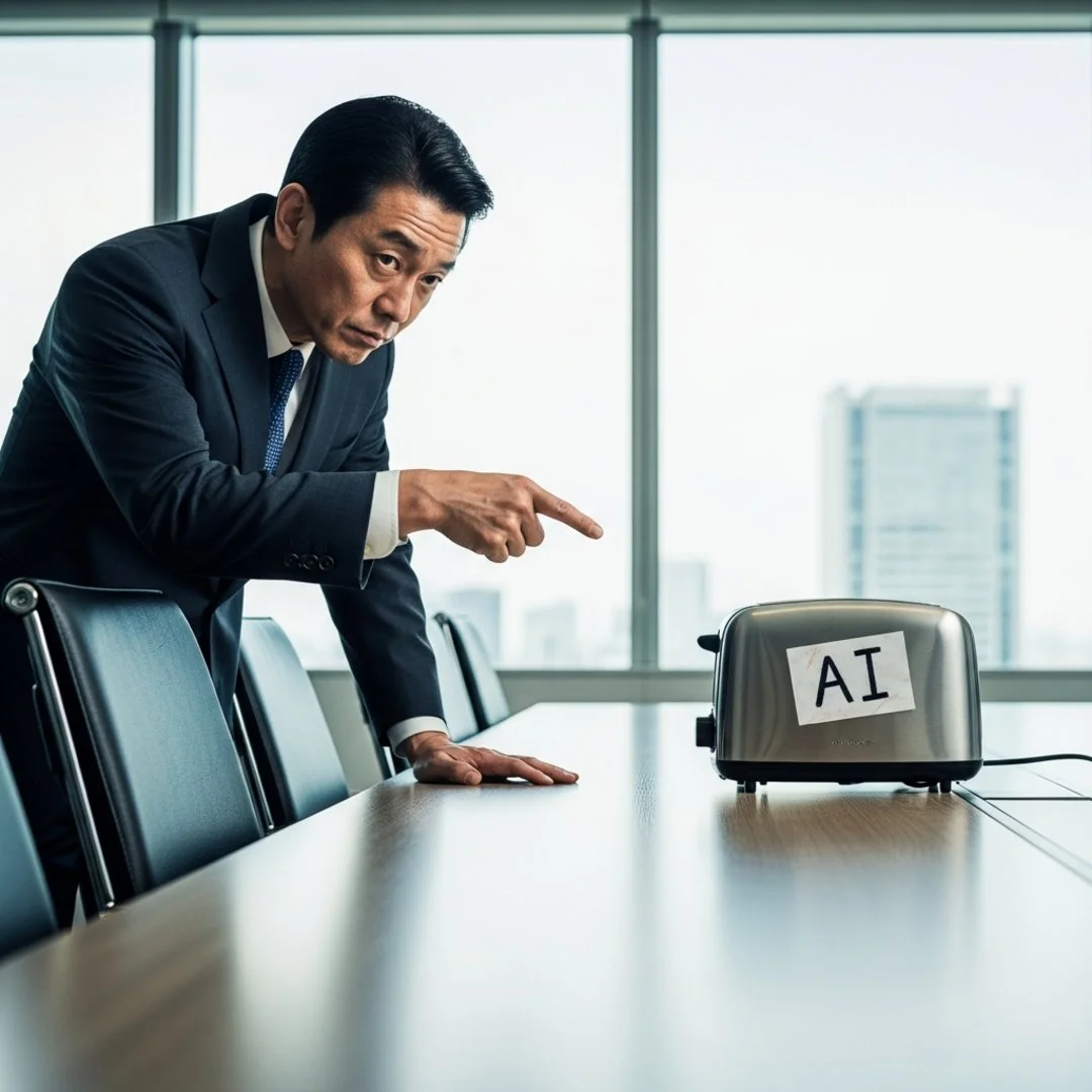 AI satire illustration: CEO Replaces Entire Marketing Department With Toaster Labeled 'AI 9000'