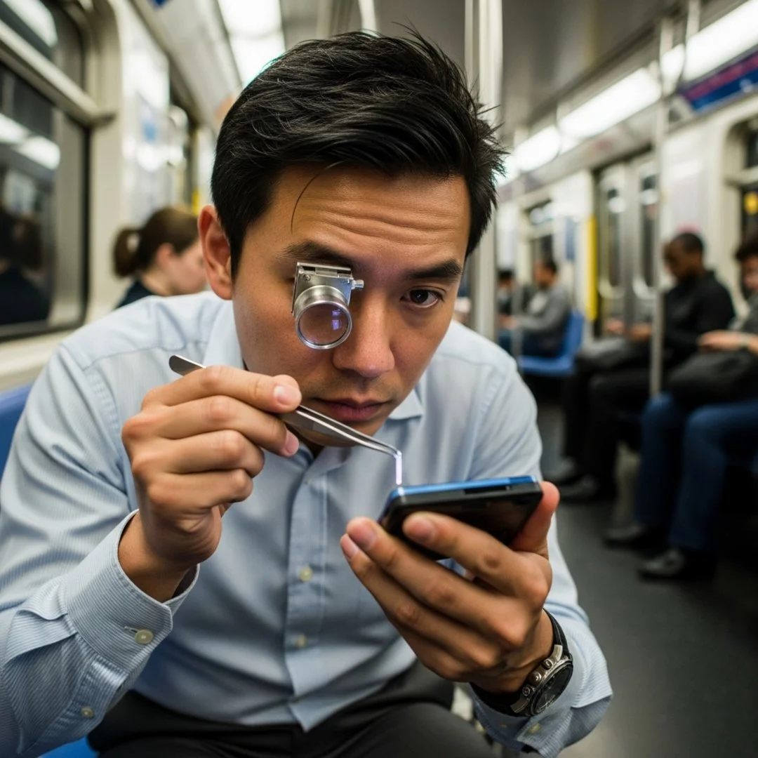 AI satire illustration: Commuter Finishes Novel On E-Reader Size Of Postage Stamp Using Microscope